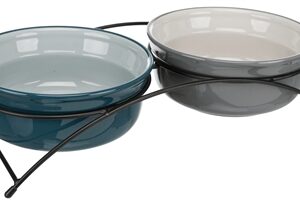 TRIXIE VOERBAK-SET KERAMIEK  /  METAAL PETROL / GRIJS