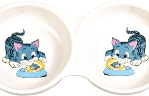 TRIXIE VOERBAK / WATERBAK DUBBEL STRIPKAT MET BAK KERAMIEK WIT