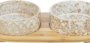 TRIXIE SET VOERBAK / WATERBAK KERAMIEK / BAMBOE WIT / NATUUR